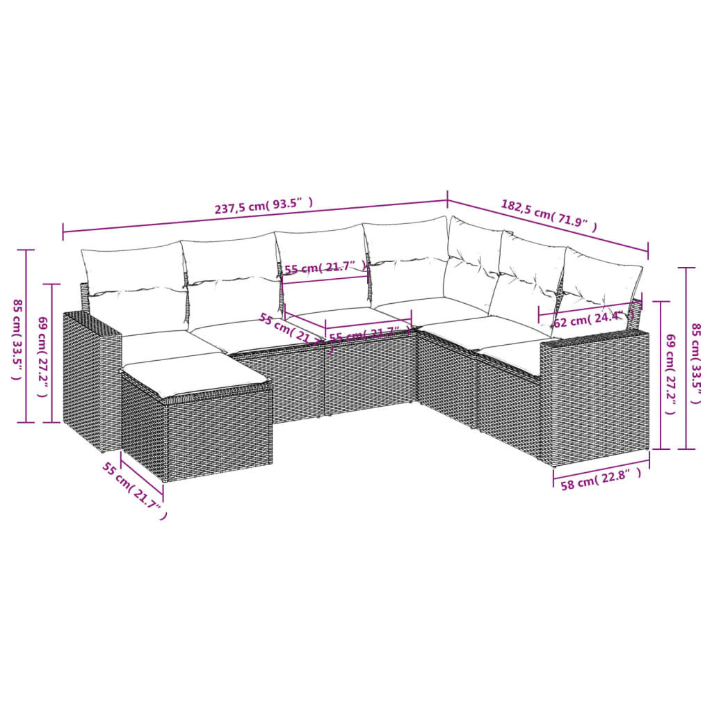 Set de sofás de jardín 7 piezas con cojines ratán PE gris