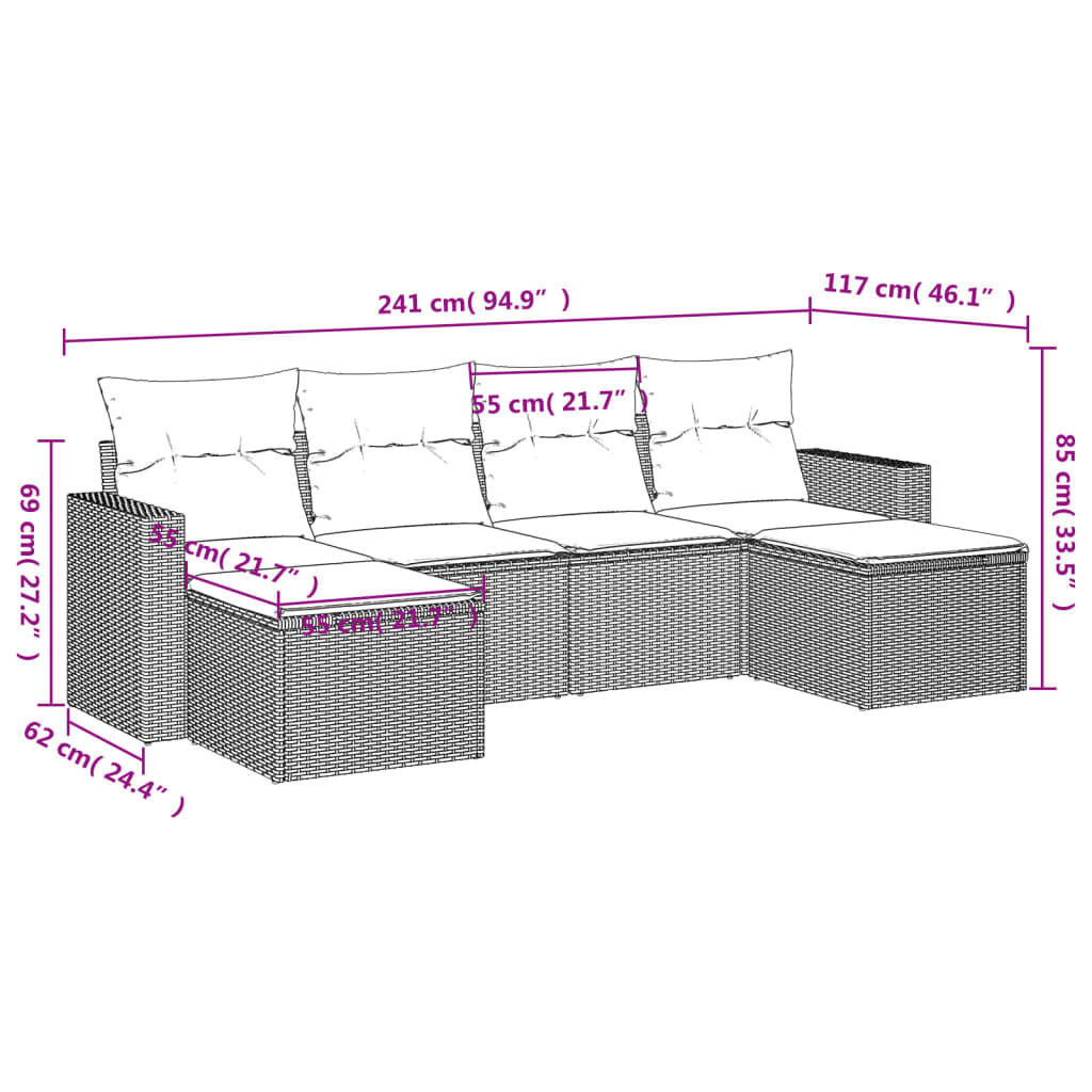 Garden Sofas Set 6 pieces and black synthetic rattan cushions