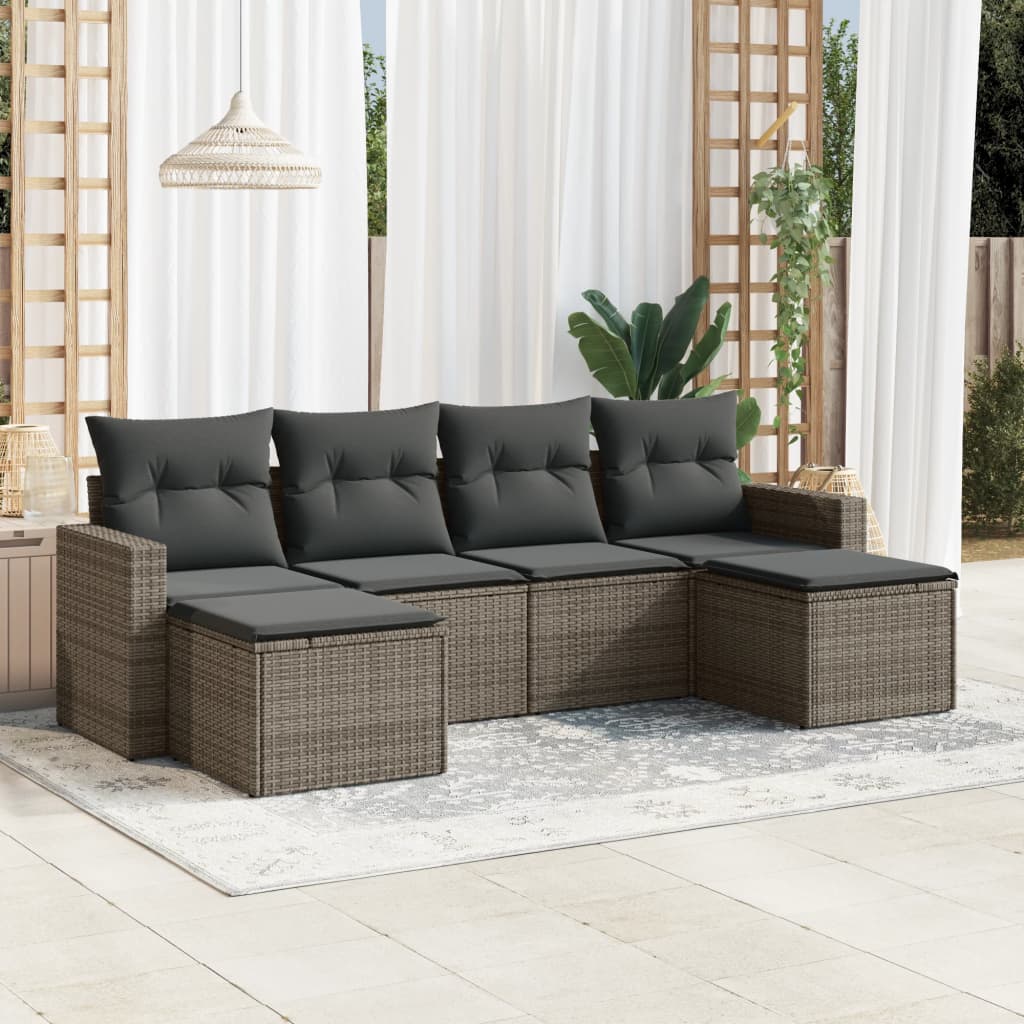 Vetonek Set de muebles de jardín 6 pzas y cojines ratán sintético gris