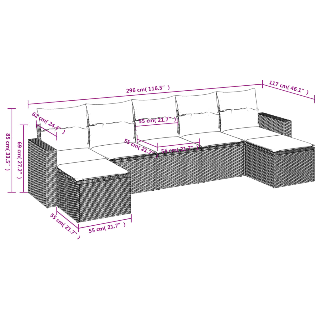 Set de comedor de jardín 7 pzas y cojines ratán sintético negro