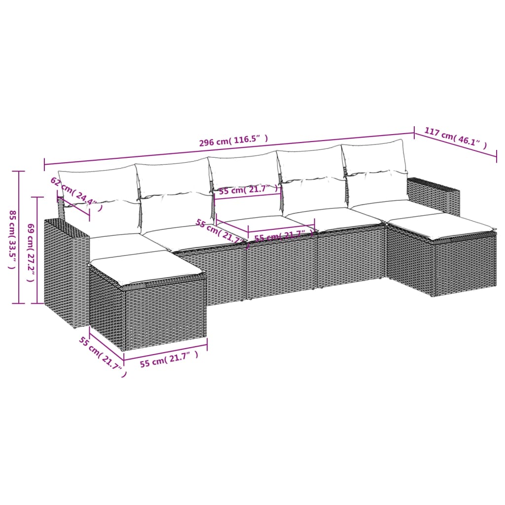 Sofás de jardim Conjunto 7 PCs com almofadas ratán pe cinza claro