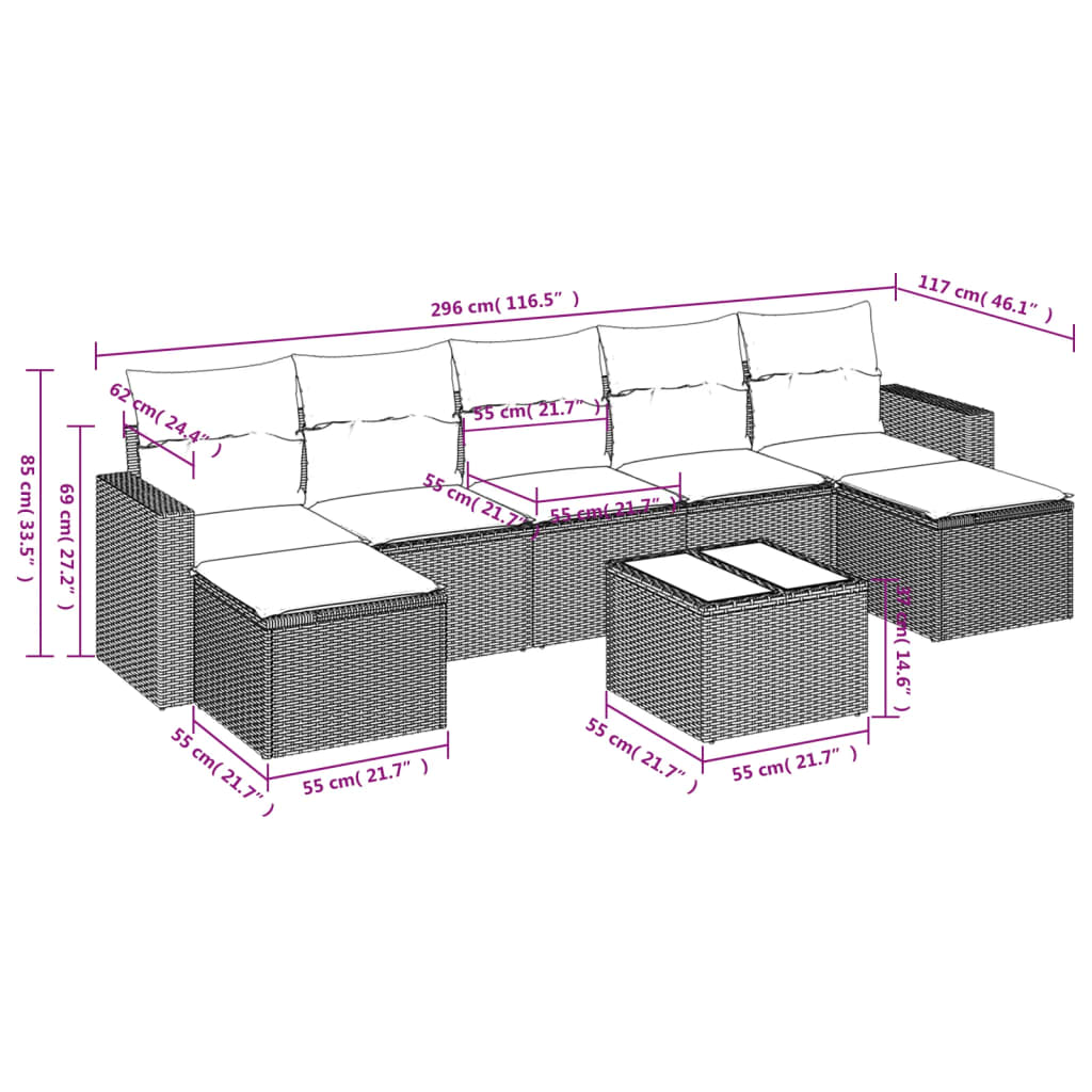 Gartensofas Set 8 Stücke und schwarze synthetische Rattankissen