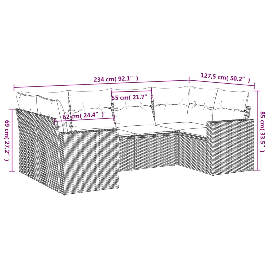 Gartensofas Set 6 Stücke und schwarze synthetische Rattankissen