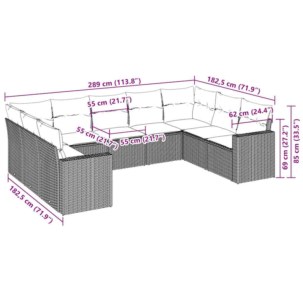 Set muebles jardín 9 pzas y cojines ratán sintético gris claro