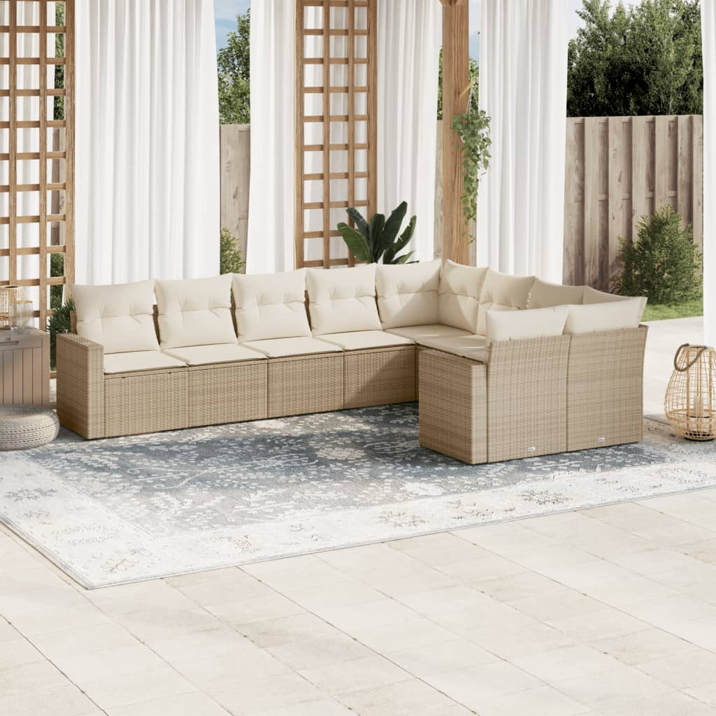 Vetonek Set de sofás de jardín 9 pzas con cojines ratán sintético beige