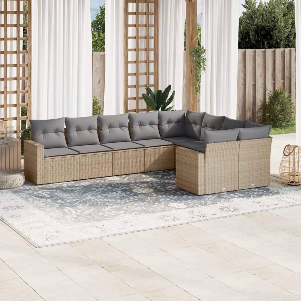 Vetonek Set de sofás de jardín 9 pzas con cojines ratán sintético beige