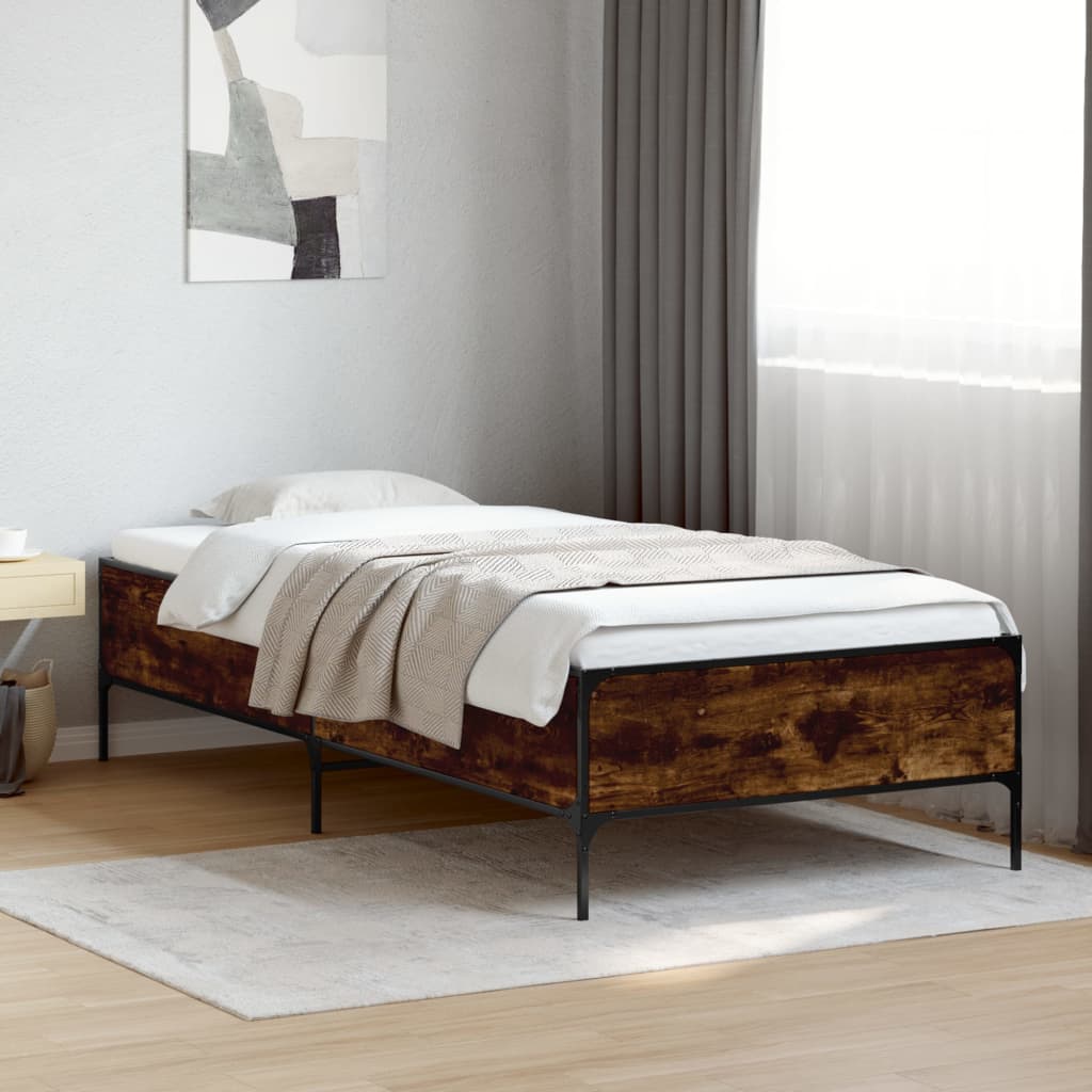 Vetonek Estructura cama madera ingeniería metal roble ahumado 90x200 cm