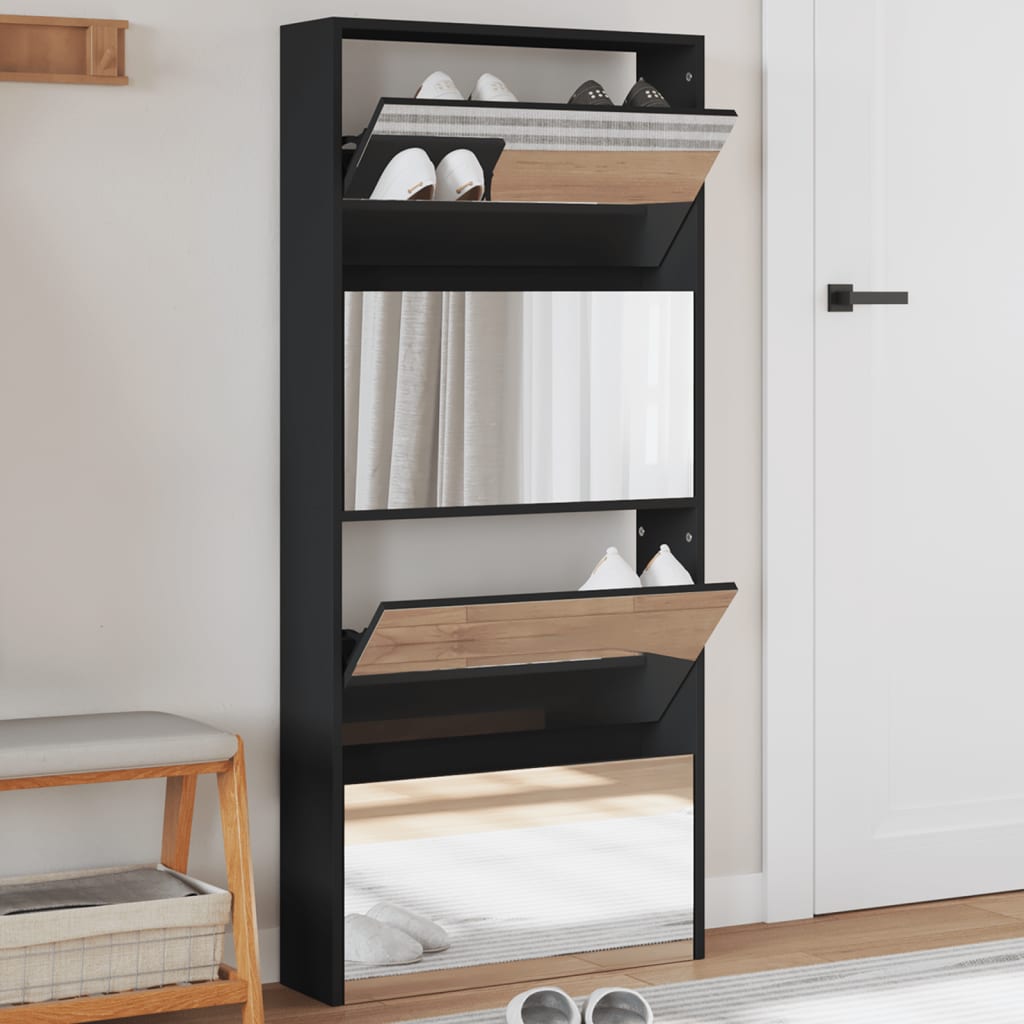 Vetonek Mueble zapatero con espejo 4 niveles negro 63x17x134 cm