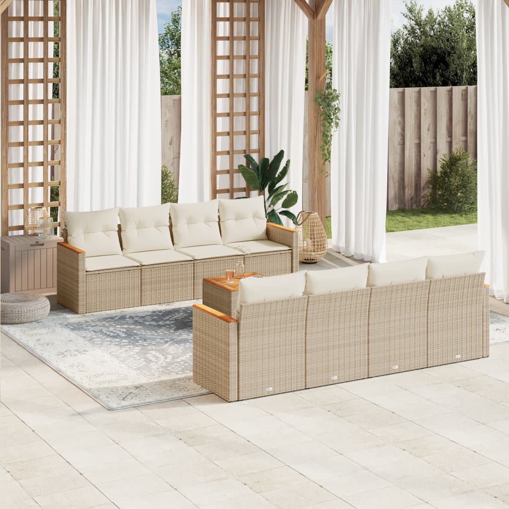 Vetonek Set de sofás de jardín 9 pzas con cojines ratán sintético beige