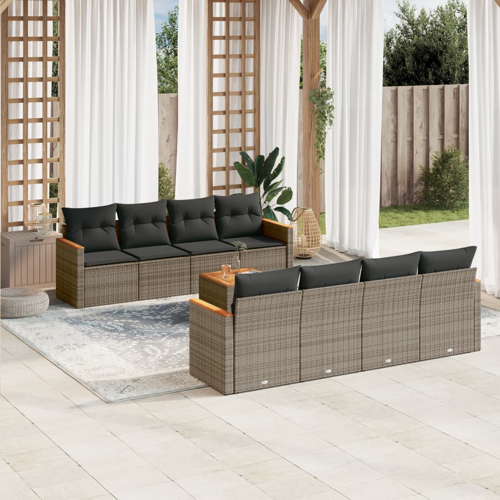 Set de muebles de jardín 9 pzas y cojines ratán sintético gris - Vetonek