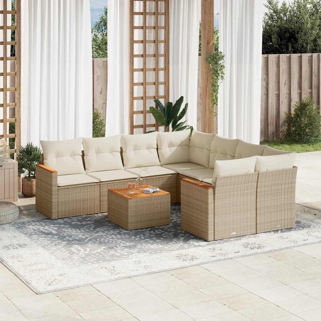 Vetonek Set de sofás de jardín 9 pzas con cojines ratán sintético beige