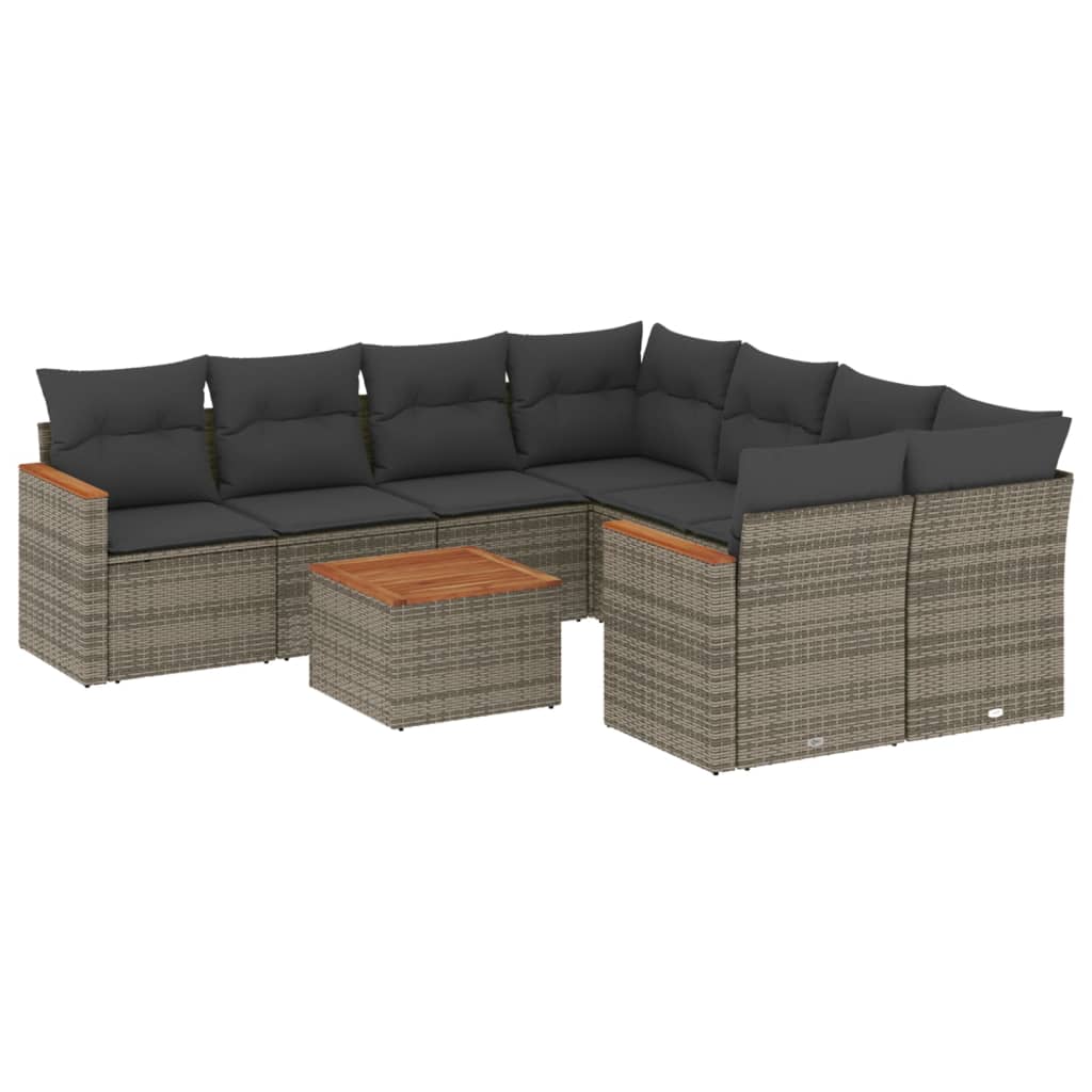 Set de muebles de jardín 9 pzas y cojines ratán sintético gris - Vetonek