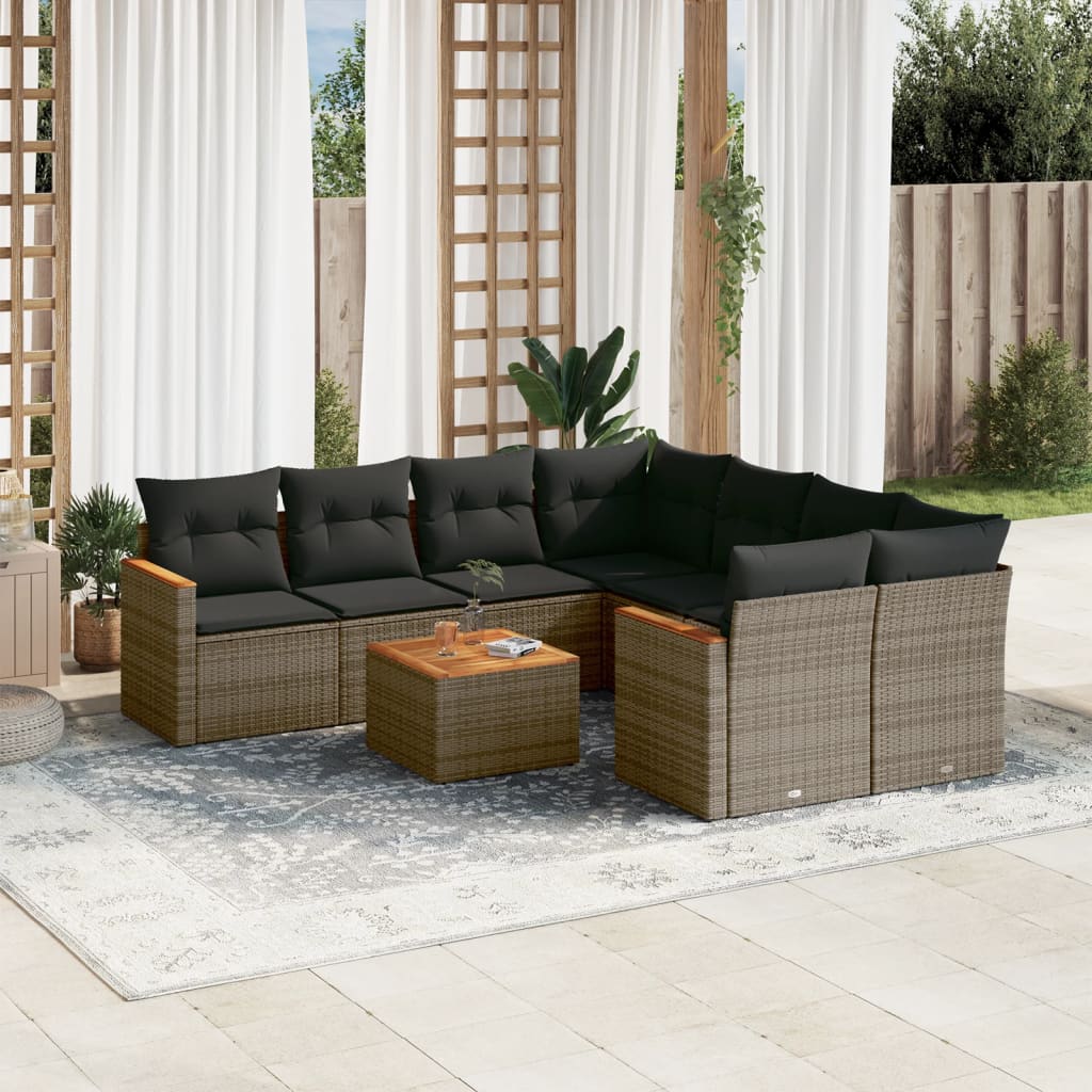 Vetonek Set de muebles de jardín 9 pzas y cojines ratán sintético gris