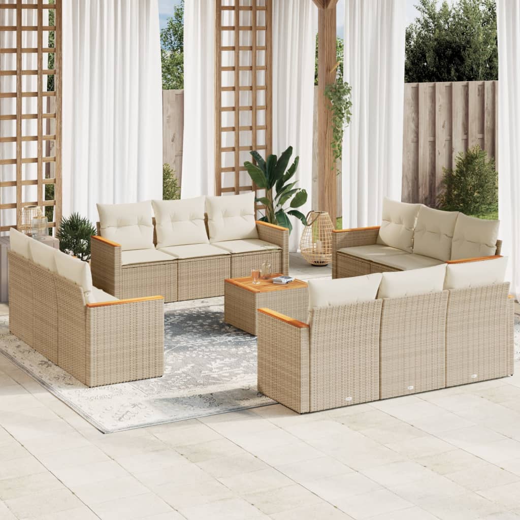 Set sofás de jardín con cojines 13 pzas ratán sintético beige