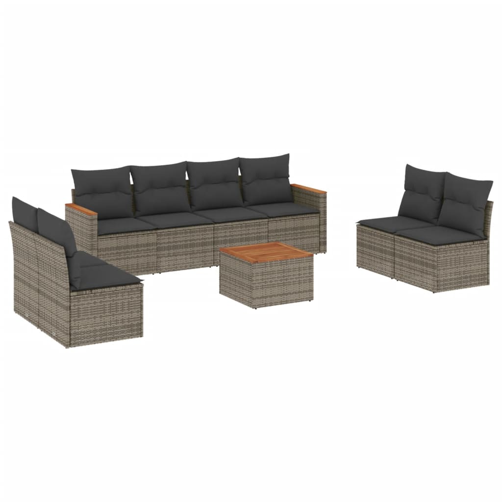 Set de muebles de jardín 9 pzas y cojines ratán sintético gris - Vetonek