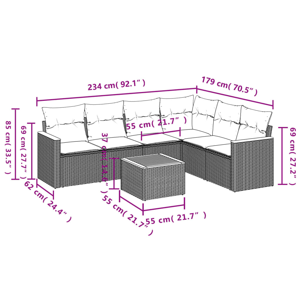 Set de comedor de jardín 7 pzas y cojines ratán sintético negro - Vetonek