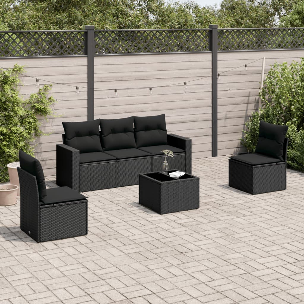 Vetonek Set muebles de jardín 6 piezas y cojines ratán sintético negro