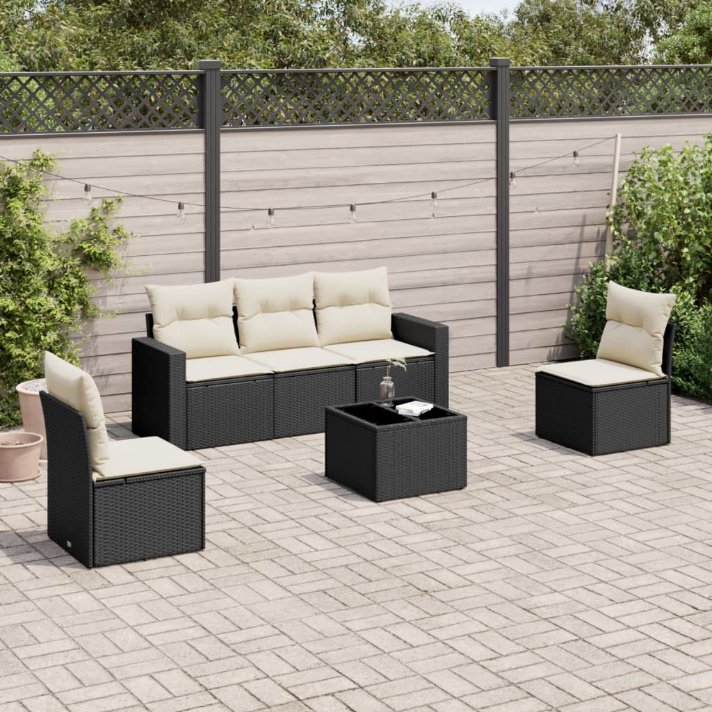 Vetonek Set muebles de jardín 6 piezas y cojines ratán sintético negro