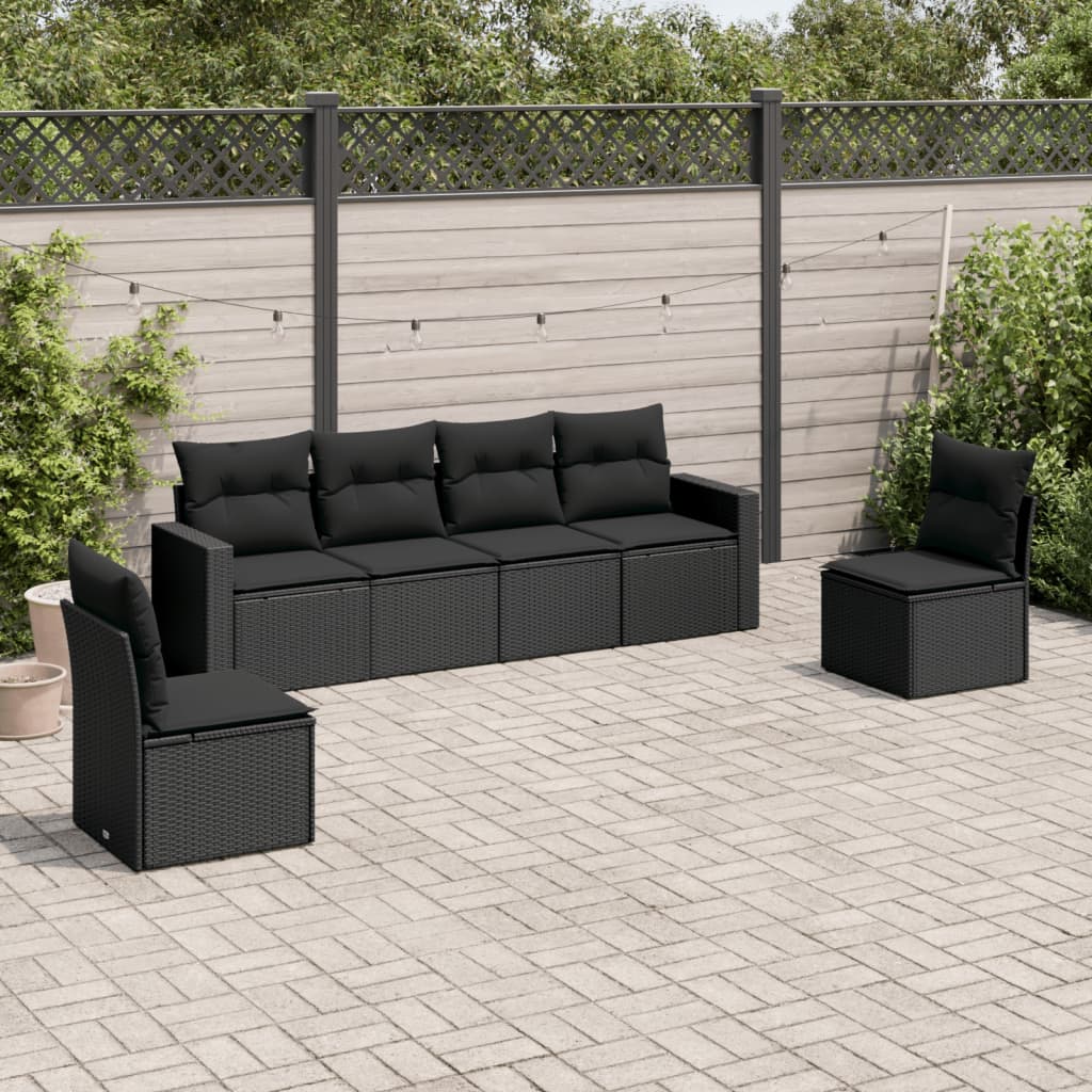 Vetonek Set muebles de jardín 6 piezas y cojines ratán sintético negro