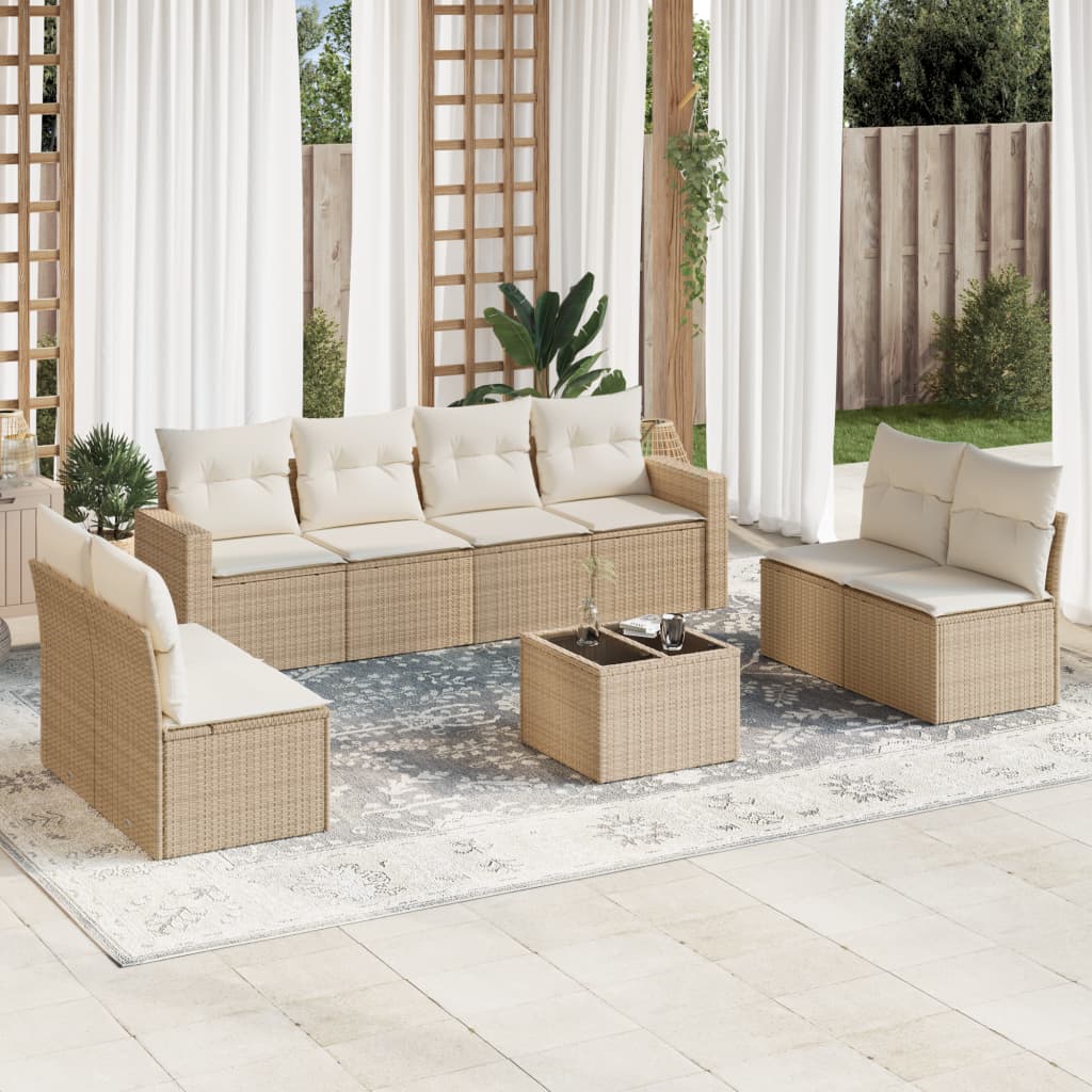 Vetonek Set de sofás de jardín 9 pzas con cojines ratán sintético beige