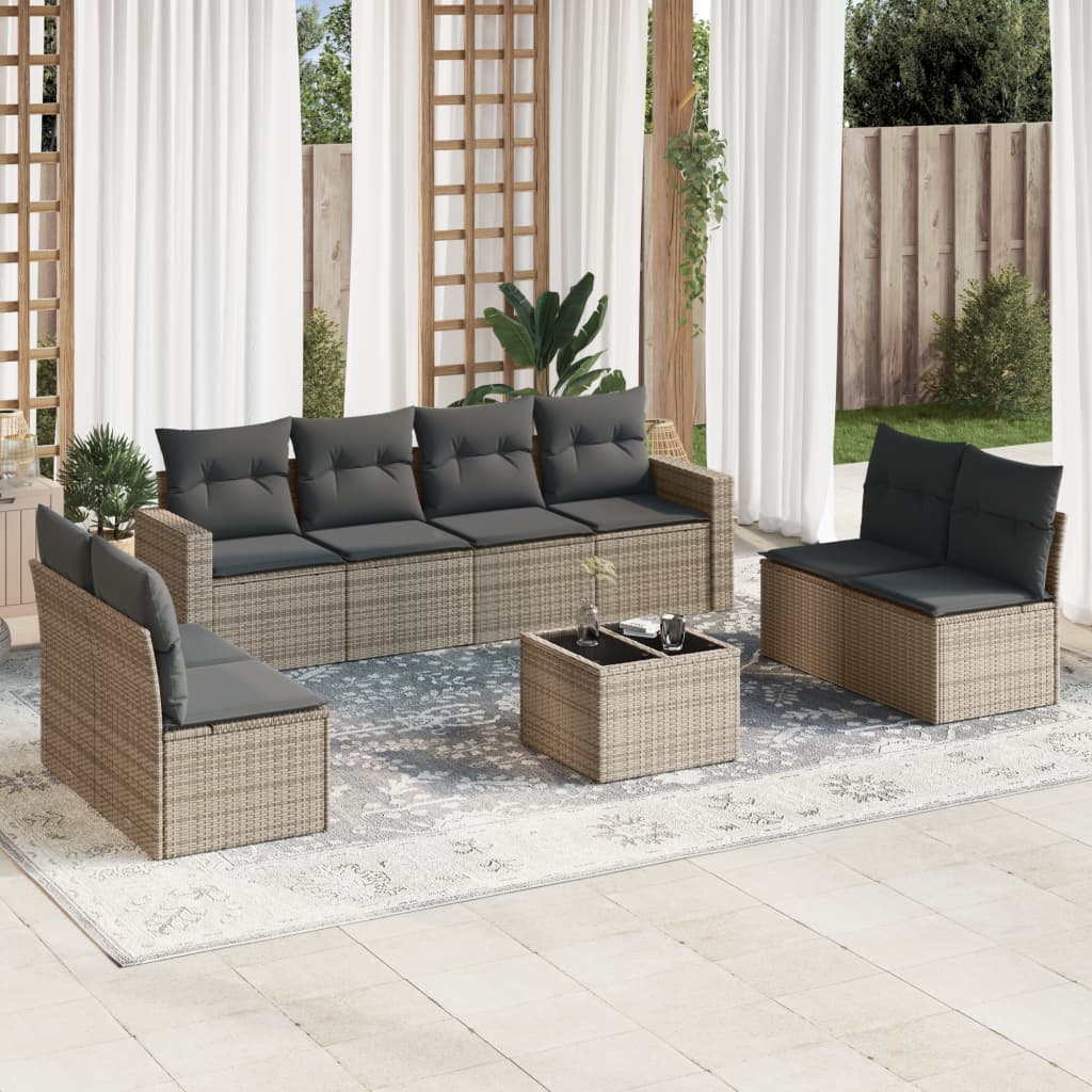 Vetonek Set de muebles de jardín 9 pzas y cojines ratán sintético gris