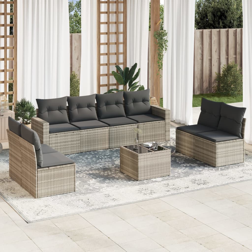 Vetonek Set de muebles de jardín 9 pzas y cojines ratán sintético gris