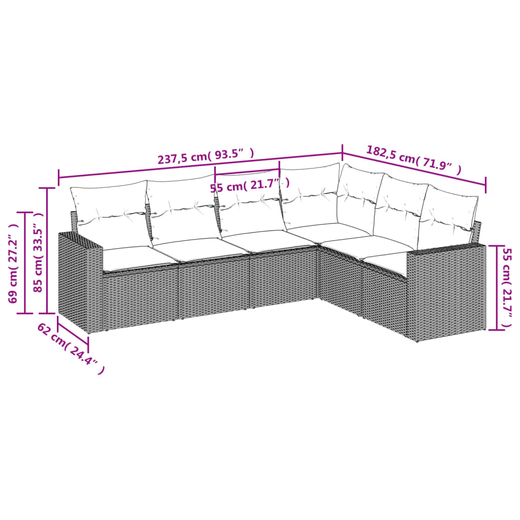 Set sofás de jardín 6 piezas y cojines ratán sintético marrón