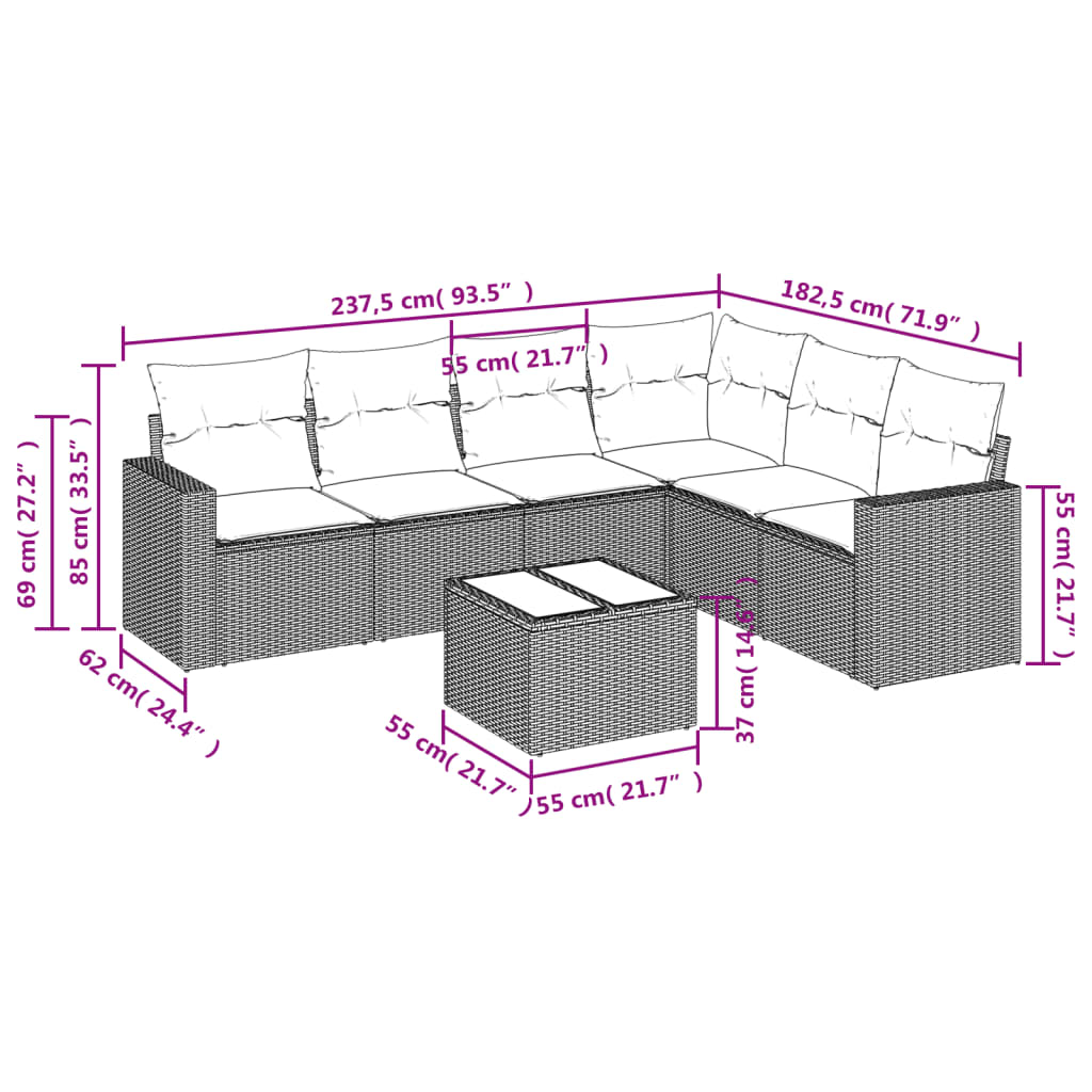 Gartensofas Set 7 Stücke mit grauen Rattankissen