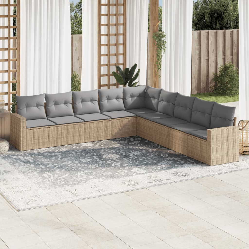 Vetonek Set de sofás de jardín 9 pzas con cojines ratán sintético beige