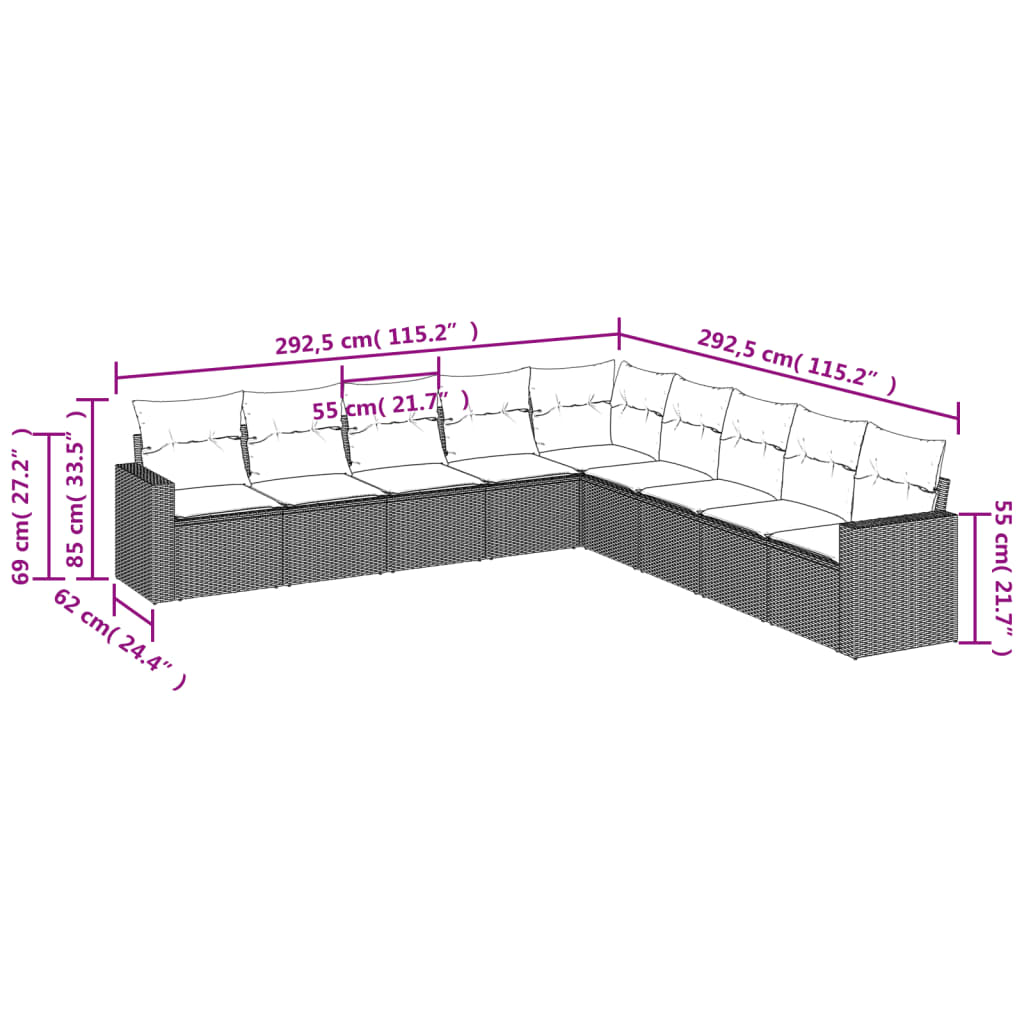 Set de sofás de jardín 9 pzas con cojines ratán sintético beige