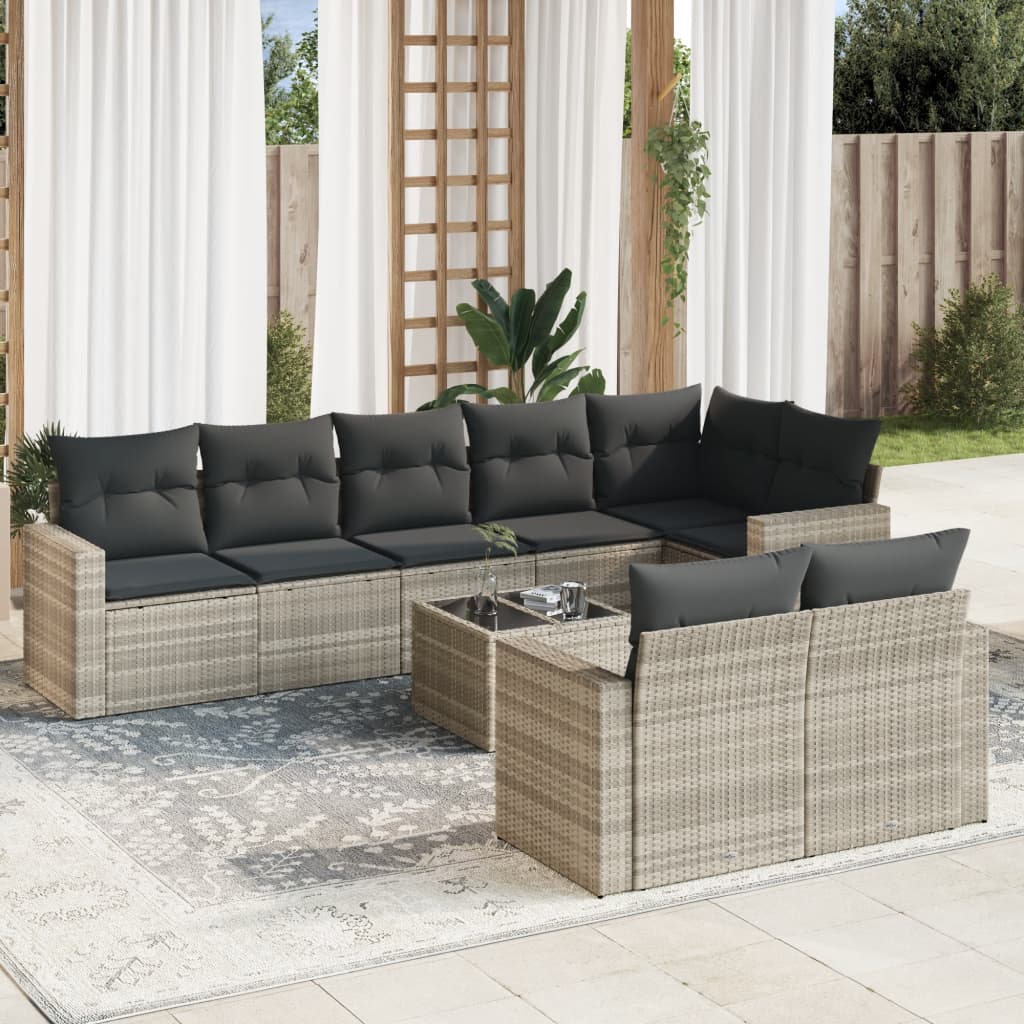 Vetonek Set muebles jardín 9 pzas y cojines ratán sintético gris claro