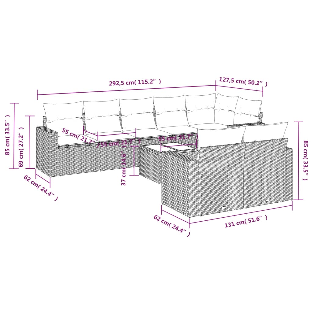 Gartenmöbel festlegen 9 Stcs und Kissen Rack Synthetic Grey Grau Grau