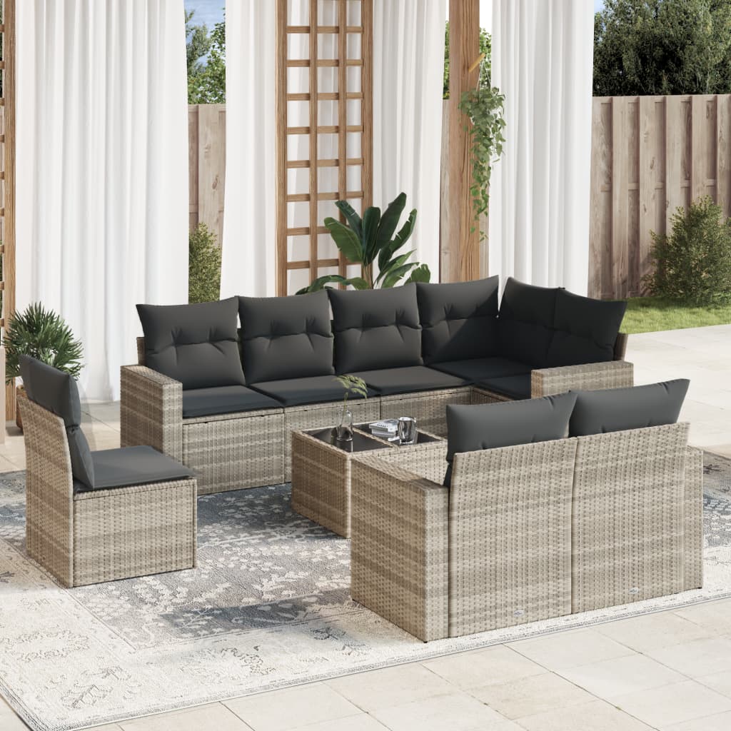 Vetonek Set muebles jardín 9 pzas y cojines ratán sintético gris claro