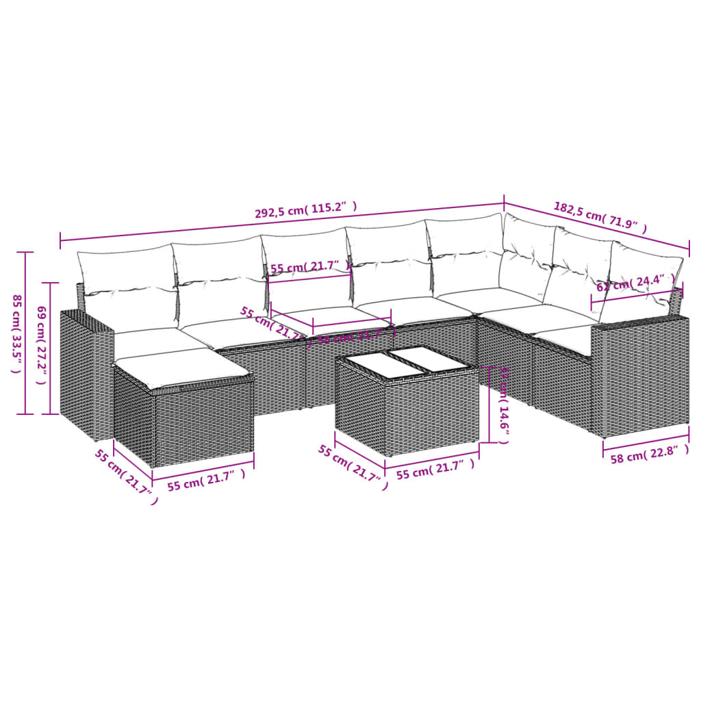 Gartenmöbel festlegen 9 Stcs und Kissen Rack Synthetic Grey Grau Grau