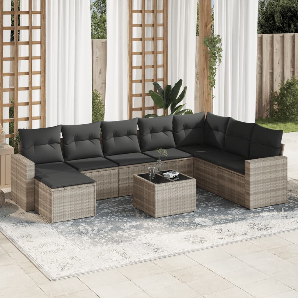 Vetonek Set muebles jardín 9 pzas y cojines ratán sintético gris claro