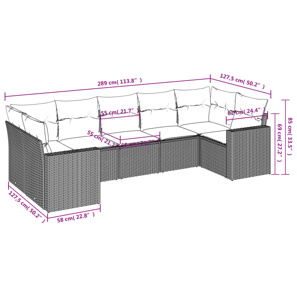 Gartensofas Set 7 Stücke mit grauen Rattankissen