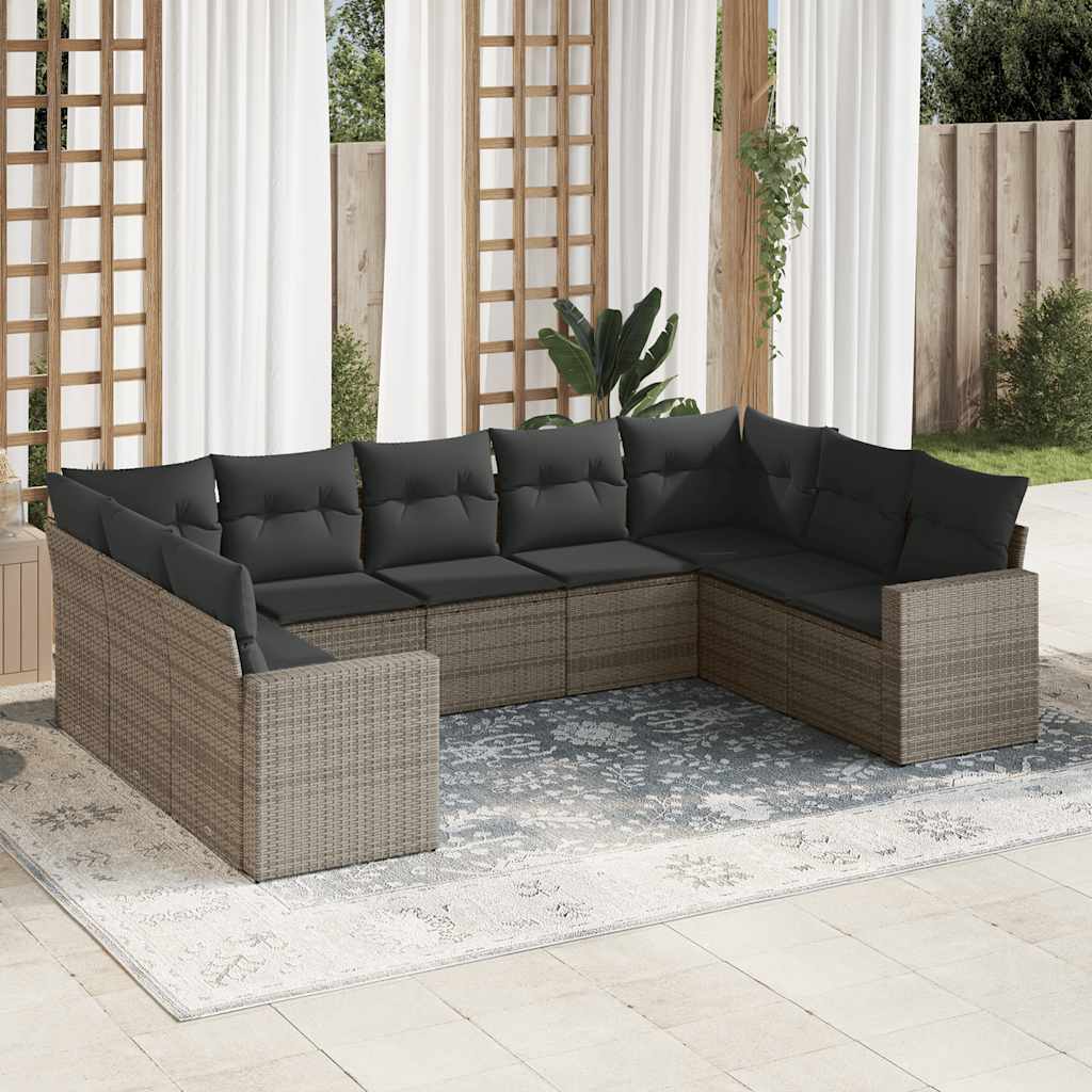 Vetonek Set de muebles de jardín 9 pzas y cojines ratán sintético gris