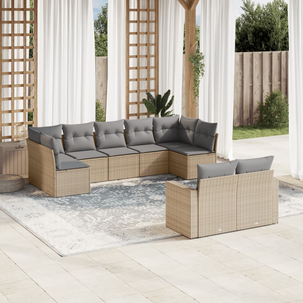 Vetonek Set de sofás de jardín 9 pzas con cojines ratán sintético beige