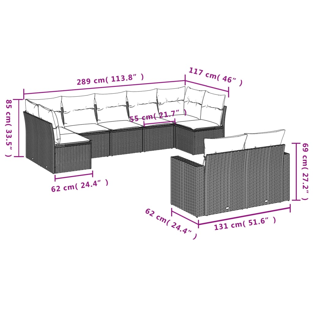 Sofás de jardim Conjunto de 9 PCs com almofadas sintéticas bege