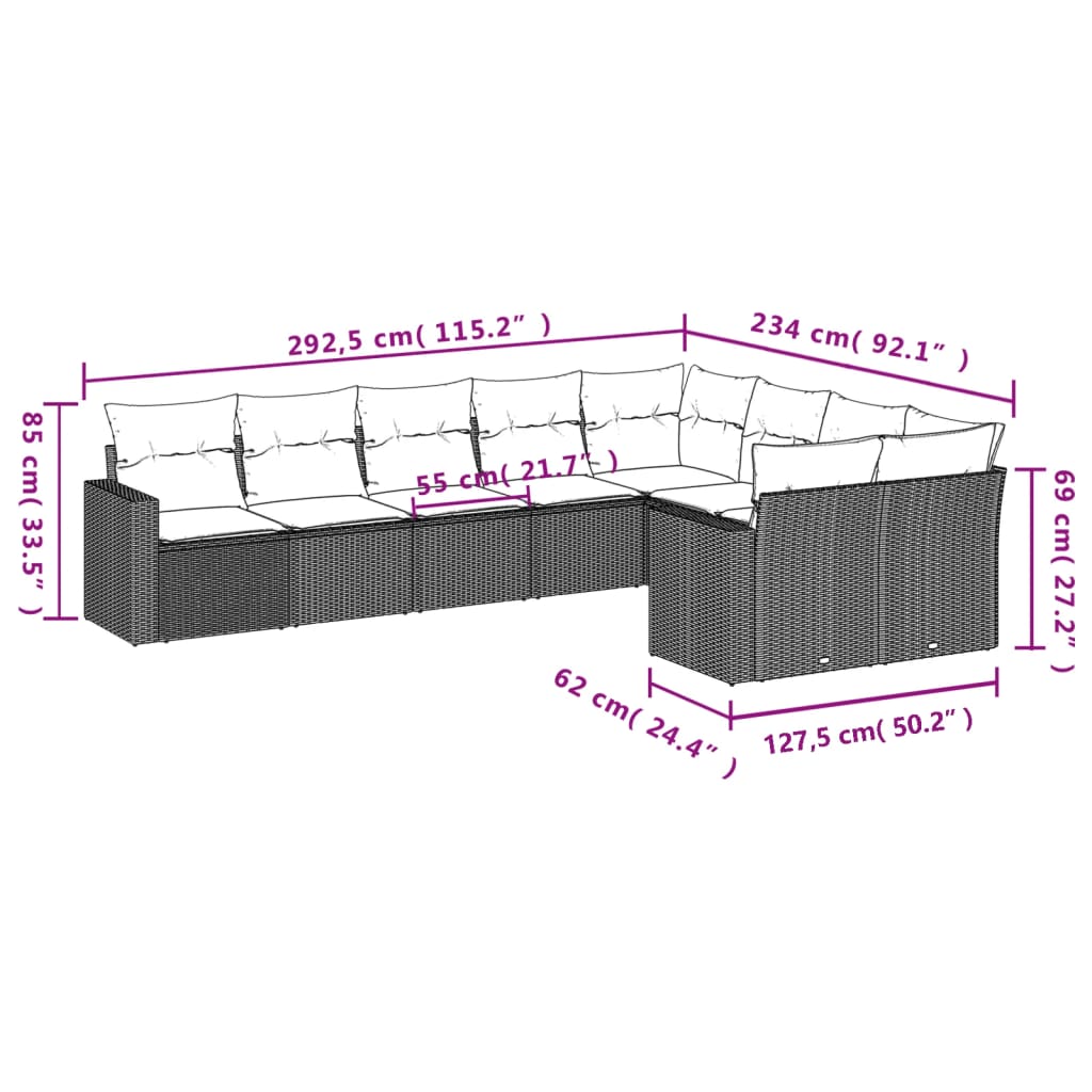 Sofás de jardim Conjunto de 9 PCs com almofadas sintéticas bege