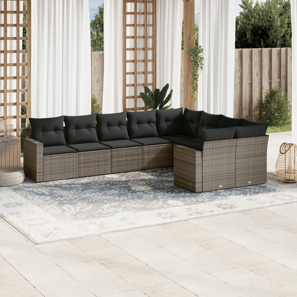 Vetonek Set de muebles de jardín 9 pzas y cojines ratán sintético gris