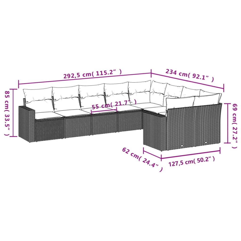 Gartensofas Set 9 PCs und braune synthetische Ratan -Kissen