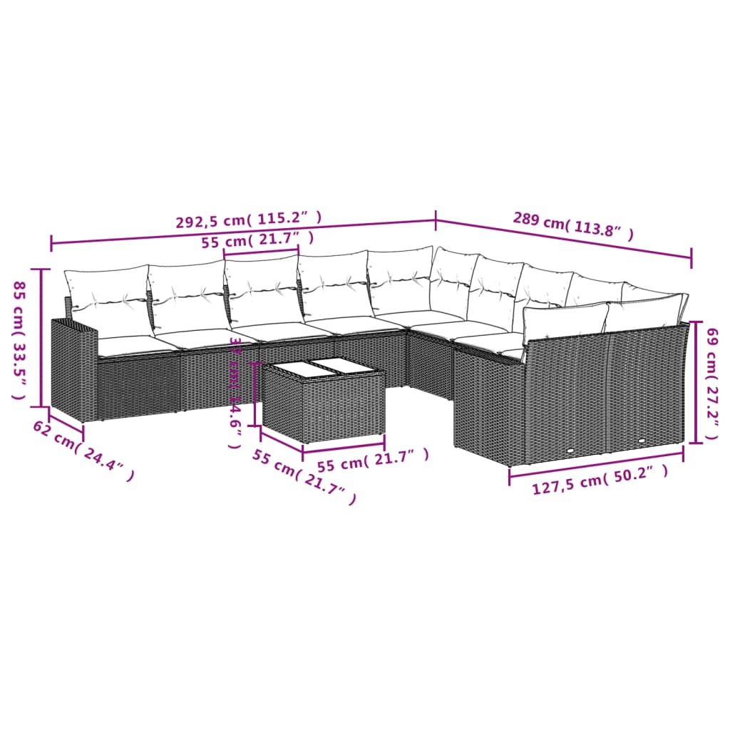 Sofás de jardim Conjunto de 11 PCs e Almofadas Cinzentas de Rattan Sintética