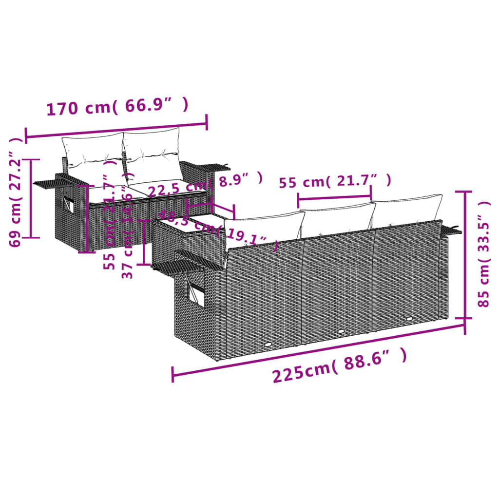 Garden Sofas Set 6 pieces and black synthetic rattan cushions