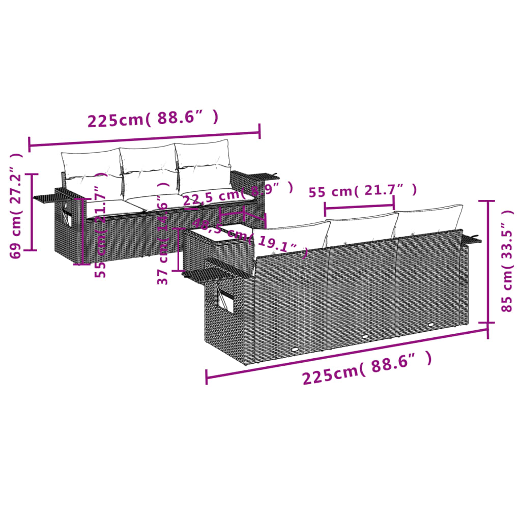 Conjunto de jantares de jardim 7 PCs e almofadas de vime sintético preto