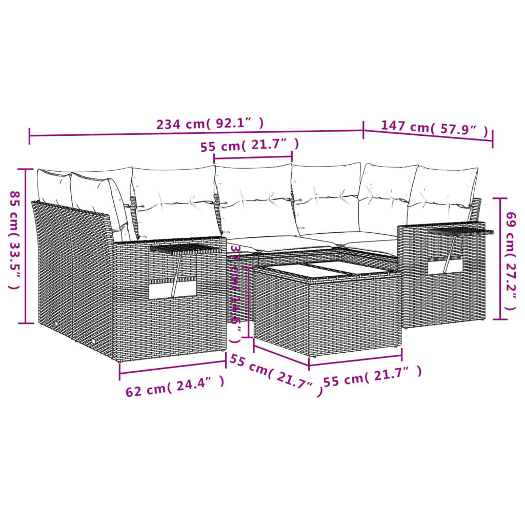 Conjunto de jantares de jardim 7 PCs e almofadas de vime sintético preto