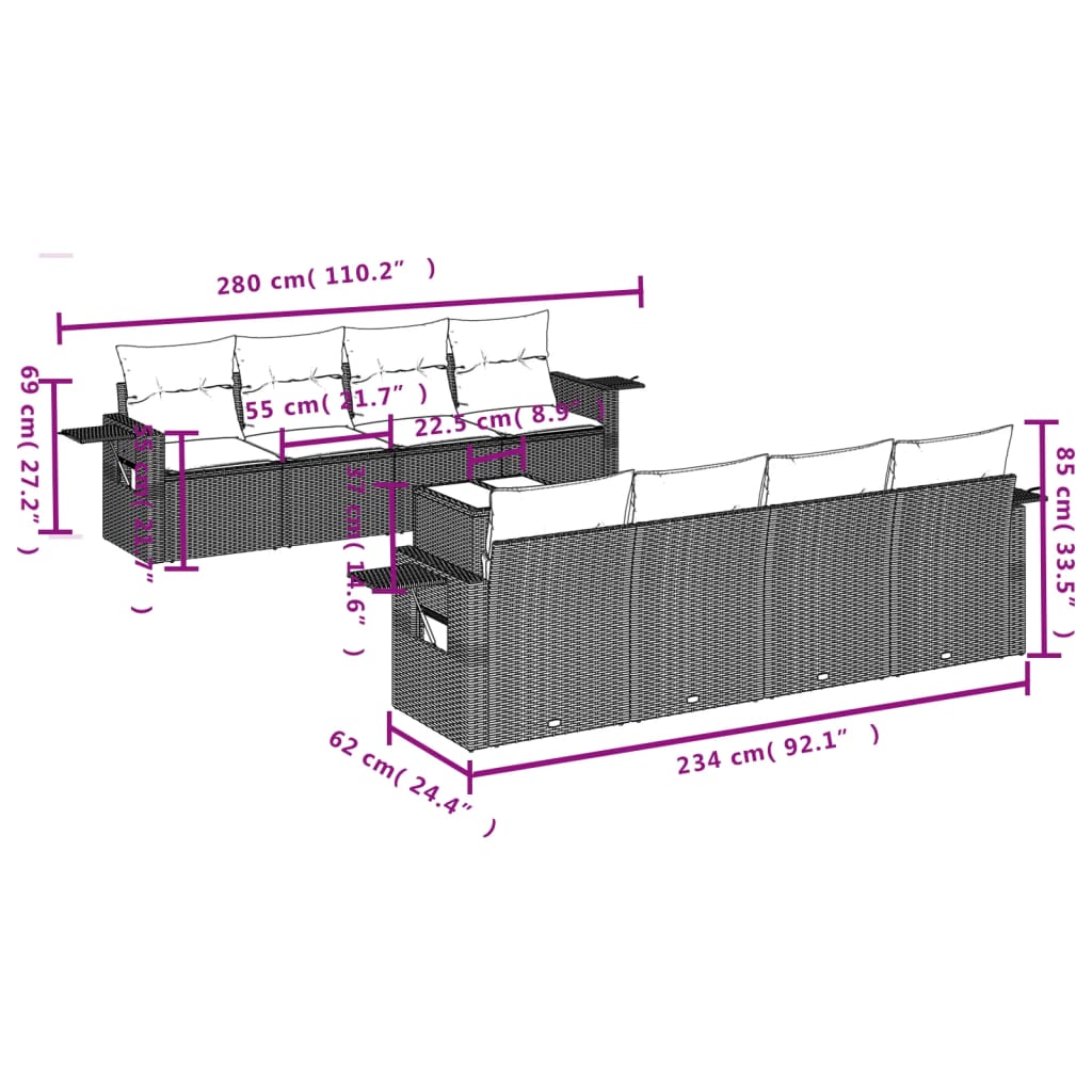 Garden Sofas Set 8 pieces and black synthetic rattan cushions