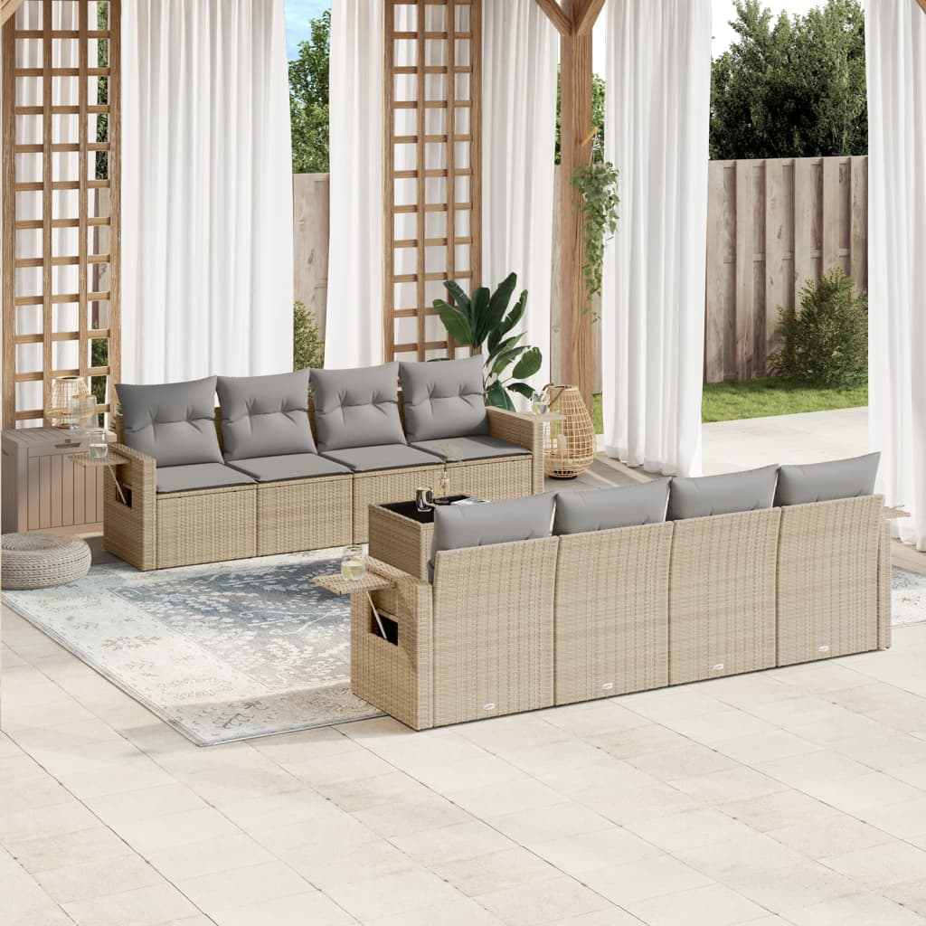 Vetonek Set de sofás de jardín 9 pzas con cojines ratán sintético beige