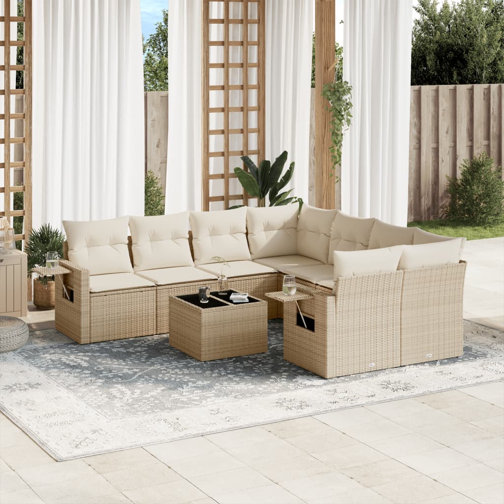 Vetonek Set de sofás de jardín 9 pzas con cojines ratán sintético beige