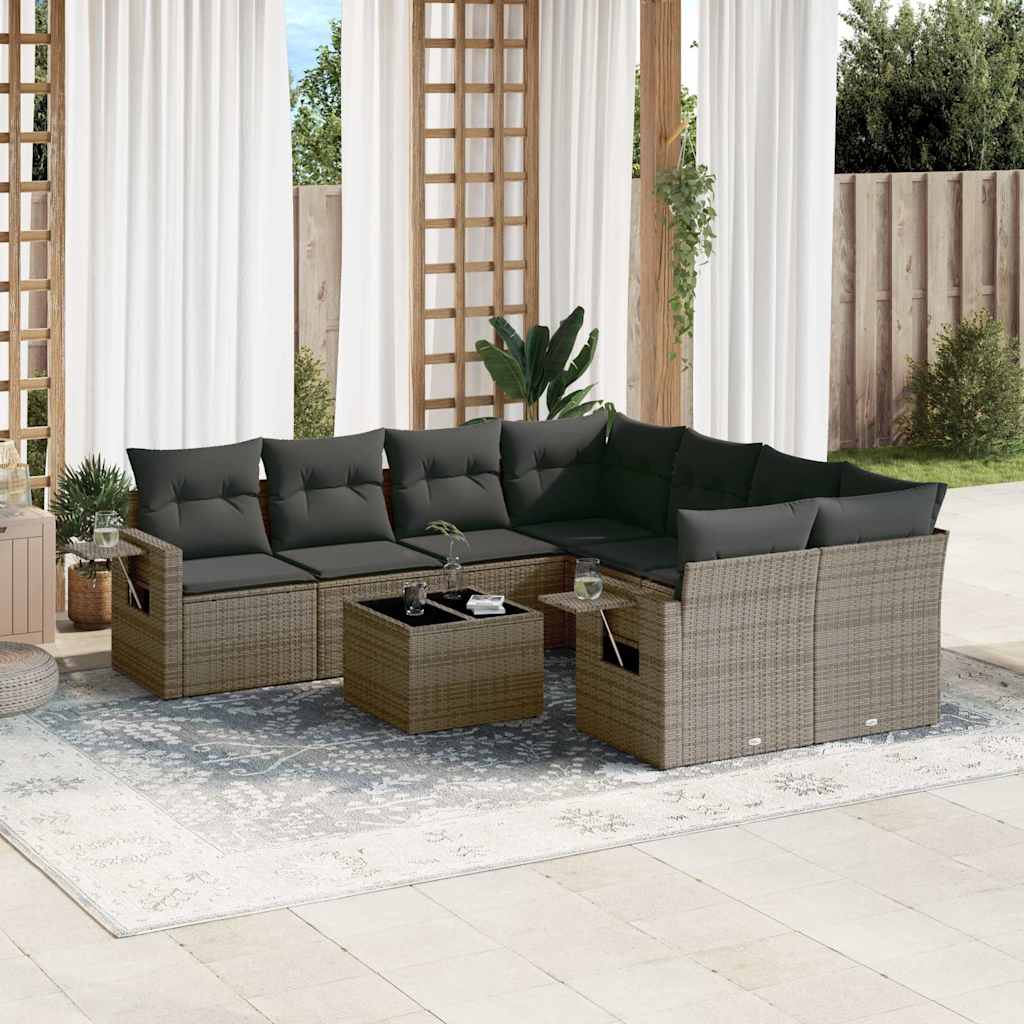 Vetonek Set de muebles de jardín 9 pzas y cojines ratán sintético gris